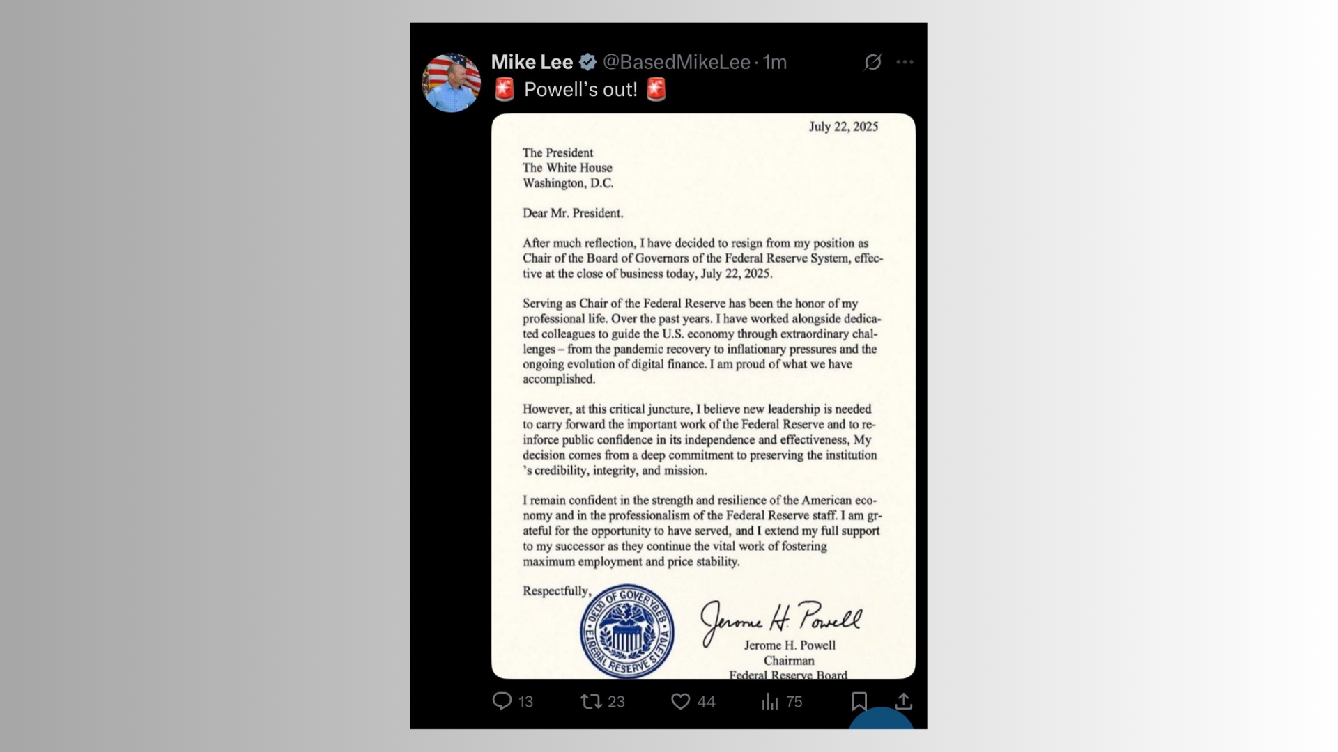 Sen. Mike Lee fooled by fake Fed chair resignation letter Post image