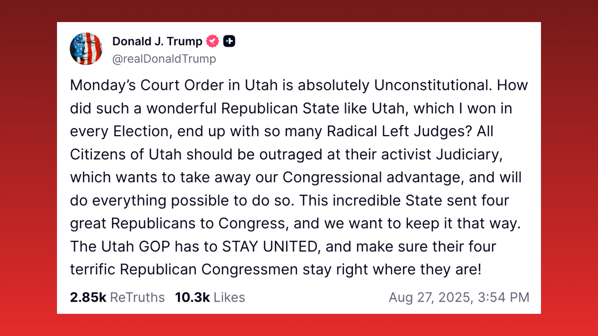Trump erupts over Utah redistricting ruling Post image